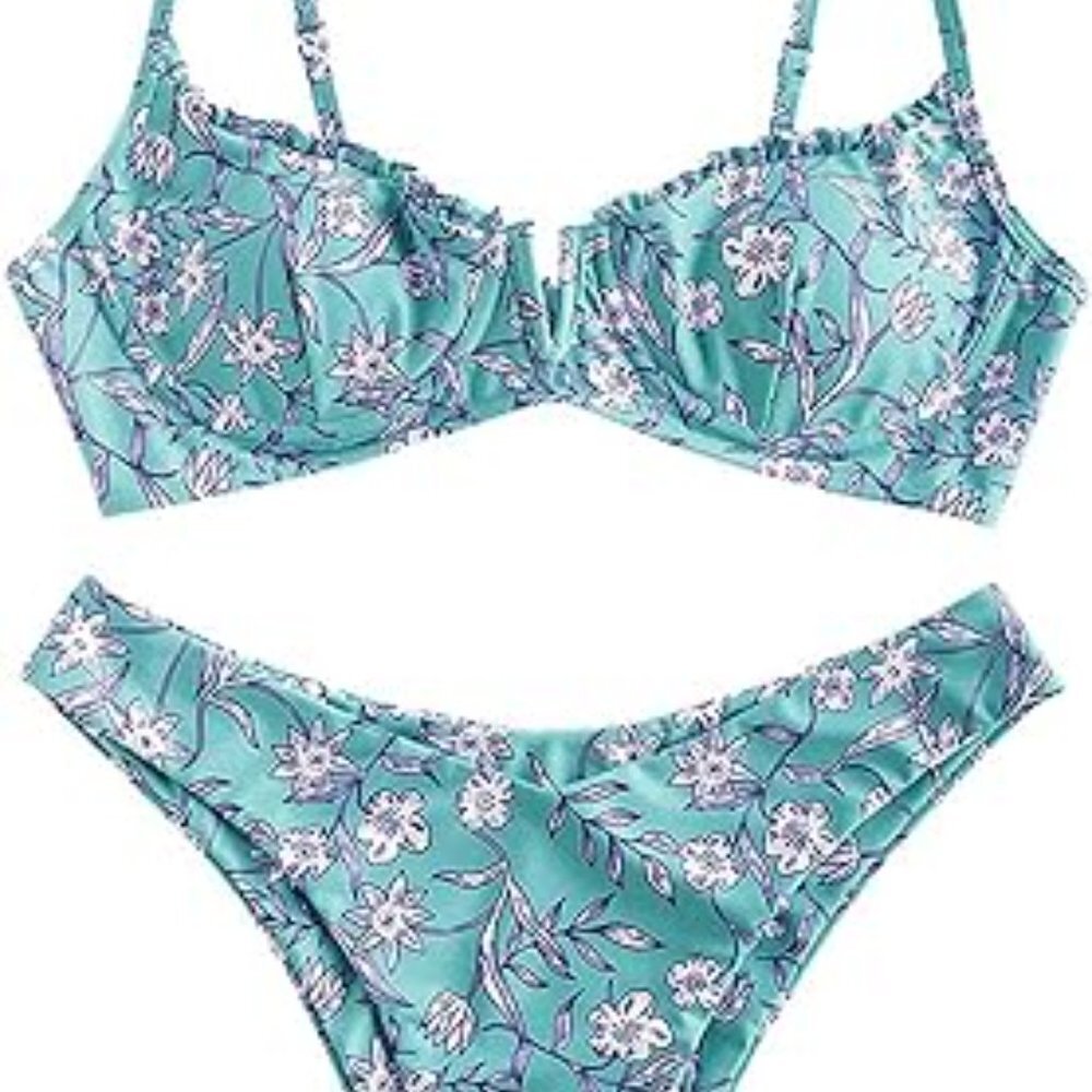 NWT ZAFUL Women's Underwire Bikini Floral High Cut Bikini Set V-Wired Two Piece